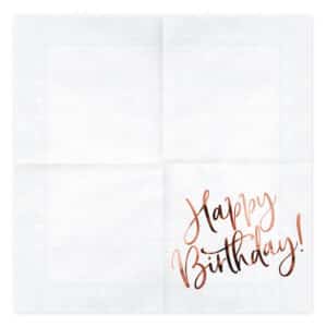 Valged roosakuldse kirjaga Happy Birthday salvrätid, 20 tk